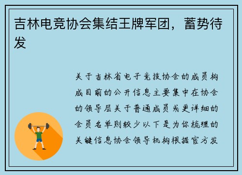 吉林电竞协会集结王牌军团，蓄势待发